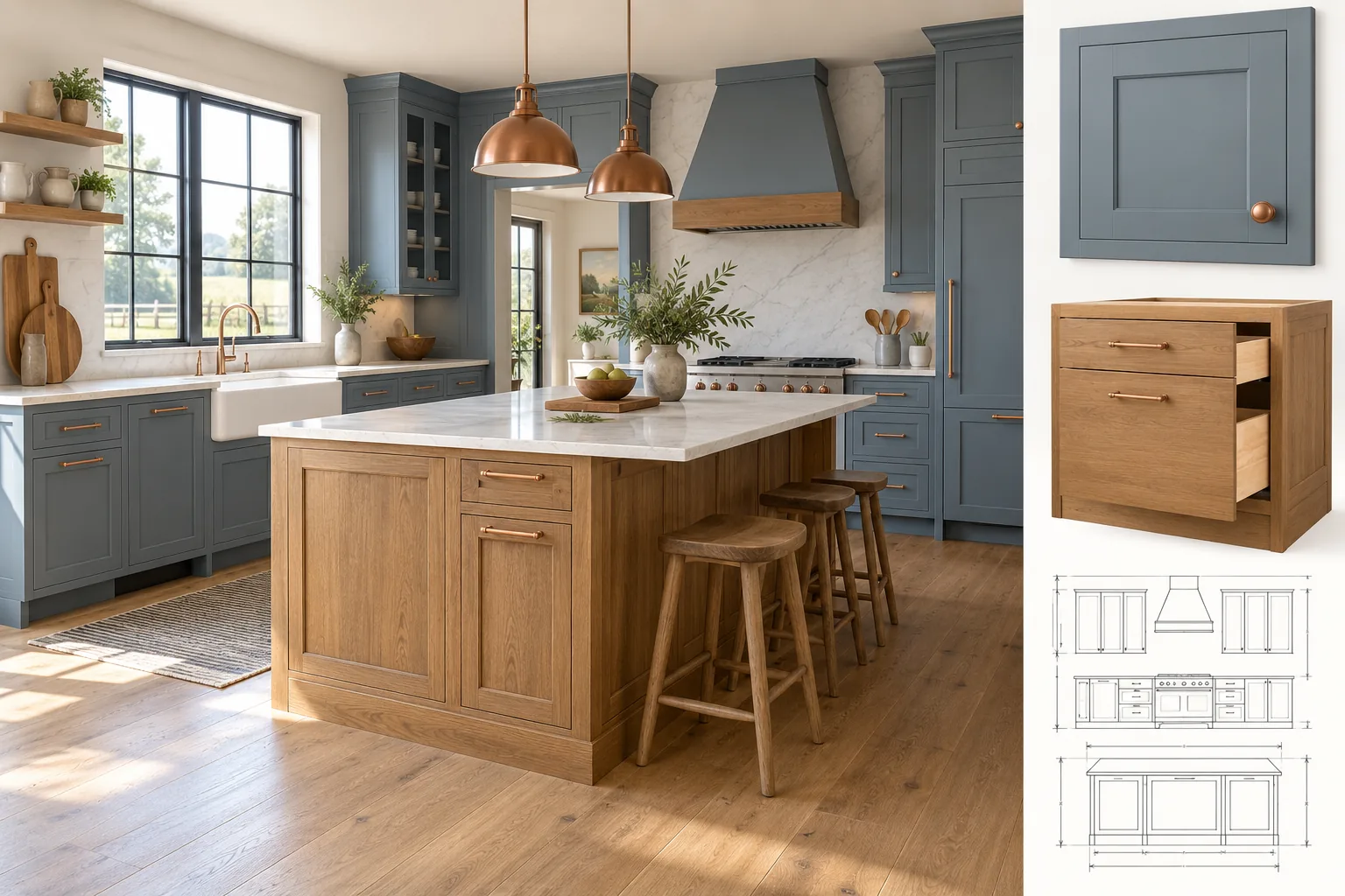 Blue-gray kitchen with an oak island and cabinet elevation panels on the right